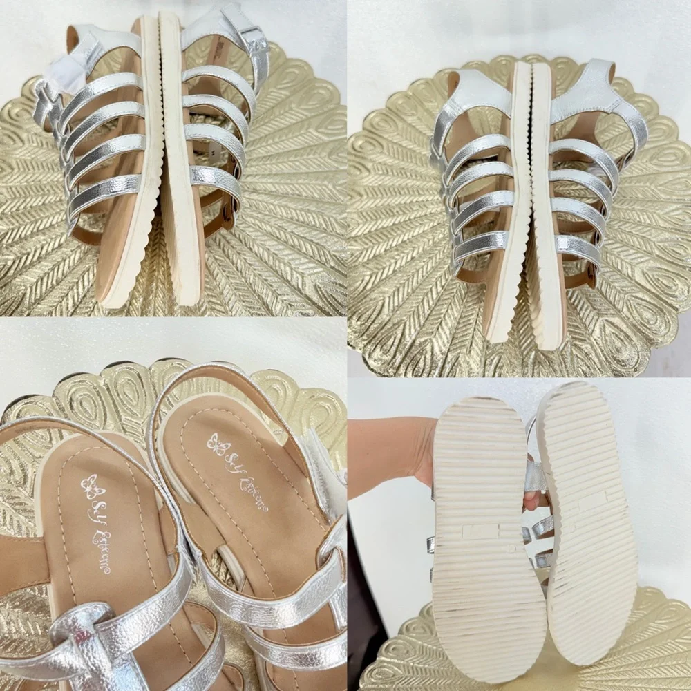 Self Esteem Silver Gladiator Sandals Girls Size 4‎ Ankle Strap NWT